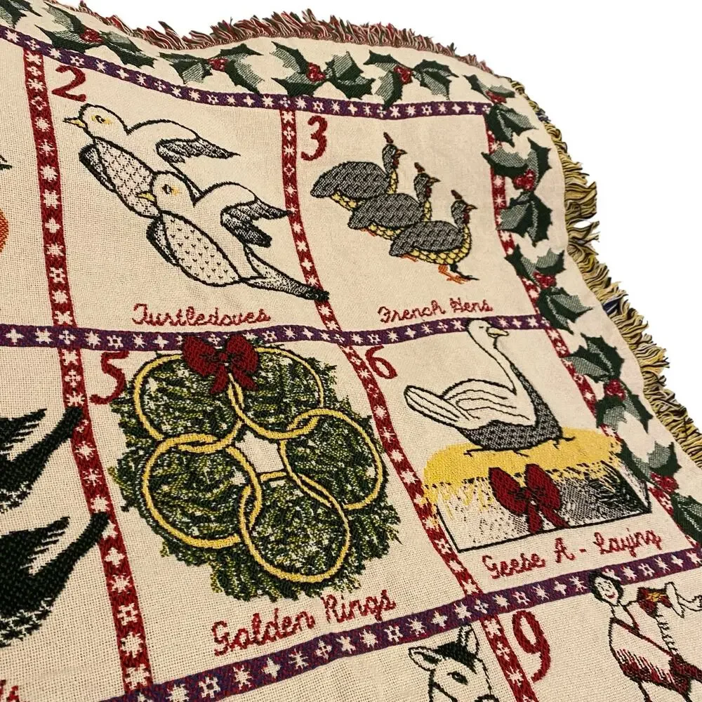 Vintage 12 Days of Christmas Woven Tapestry Throw Blanket Fringe 49x71 Large